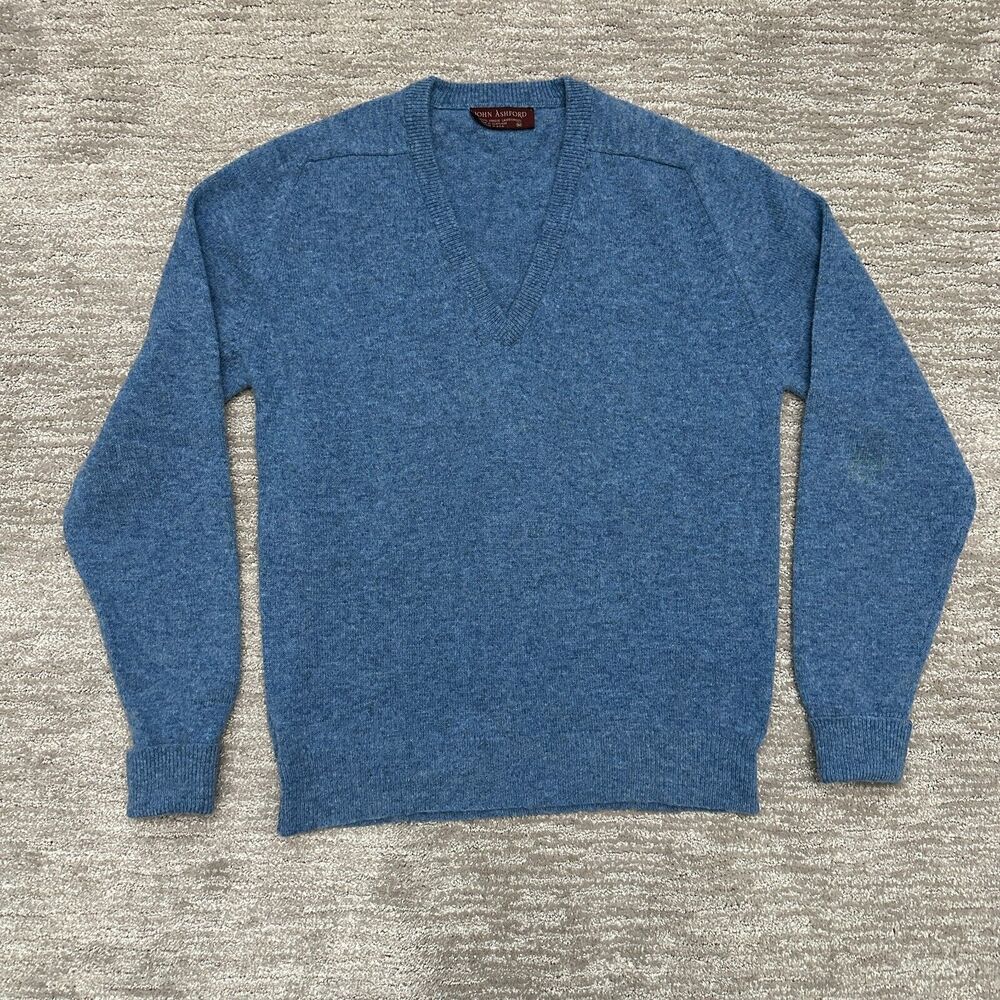 VTG John Ashford Sweater Mens Medium Blue Lambswool V Neck Grandpa Preppy